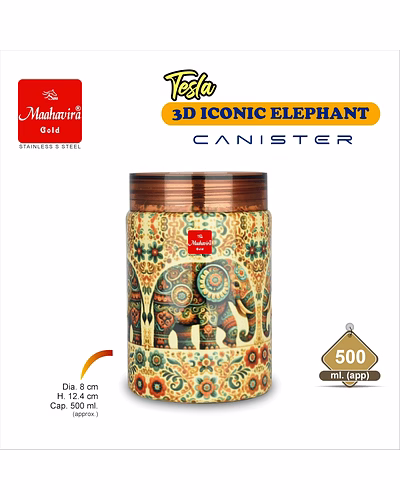 Maahavira Gold Tesla 3D Iconic Elephant Canister (500 ml) | Stainless Steel Storage Jar with Copper Finish Lid | Food Grade | Decorative Kitchen Container-5
