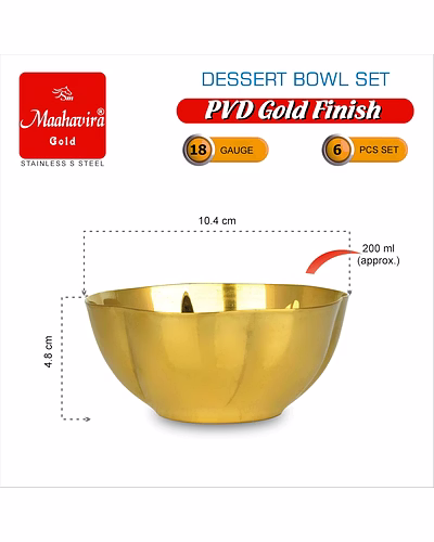Maahavira Gold Stainless Steel Dessert Bowl Set (6 Pieces) | PVD Gold Finish | 18 Gauge | 200 ml Capacity | 10.4 cm Diameter | Premium Serving Bowls-1