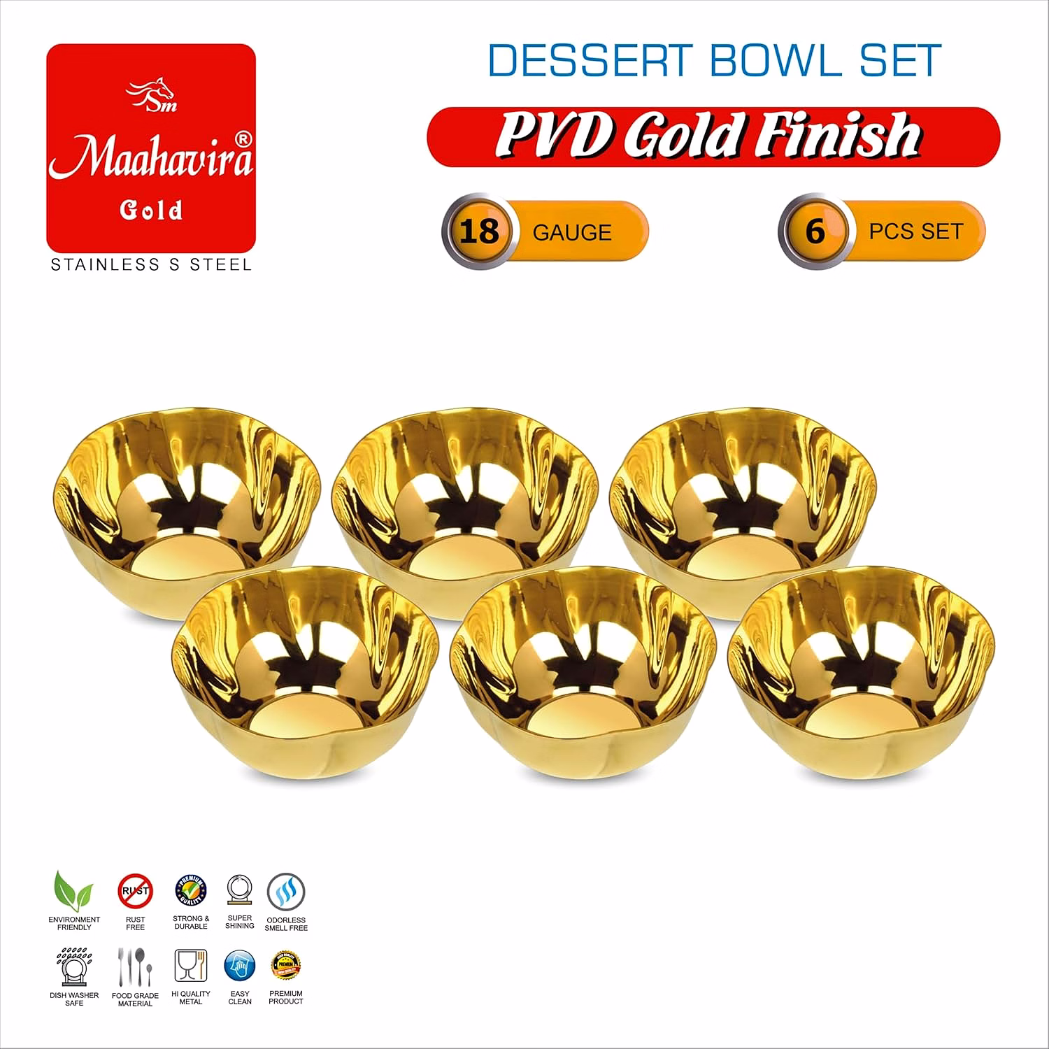 Maahavira Gold Stainless Steel Dessert Bowl Set (6 Pieces) | PVD Gold Finish | 18 Gauge | 200 ml Capacity | 10.4 cm Diameter | Premium Serving Bowls image 3