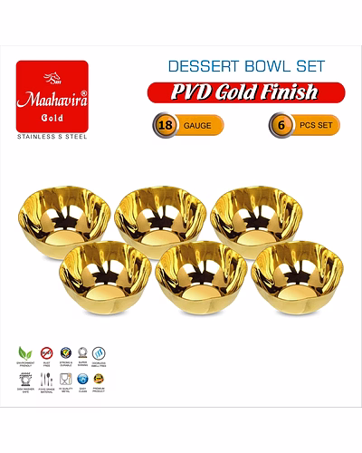 Maahavira Gold Stainless Steel Dessert Bowl Set (6 Pieces) | PVD Gold Finish | 18 Gauge | 200 ml Capacity | 10.4 cm Diameter | Premium Serving Bowls-2