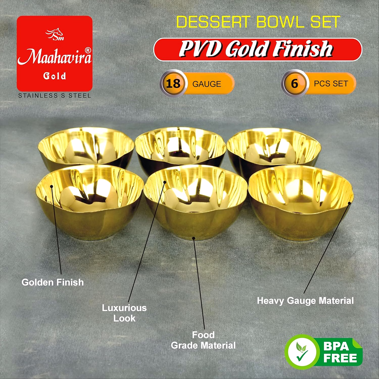 Maahavira Gold Stainless Steel Dessert Bowl Set (6 Pieces) | PVD Gold Finish | 18 Gauge | 200 ml Capacity | 10.4 cm Diameter | Premium Serving Bowls image 4