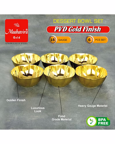 Maahavira Gold Stainless Steel Dessert Bowl Set (6 Pieces) | PVD Gold Finish | 18 Gauge | 200 ml Capacity | 10.4 cm Diameter | Premium Serving Bowls-3
