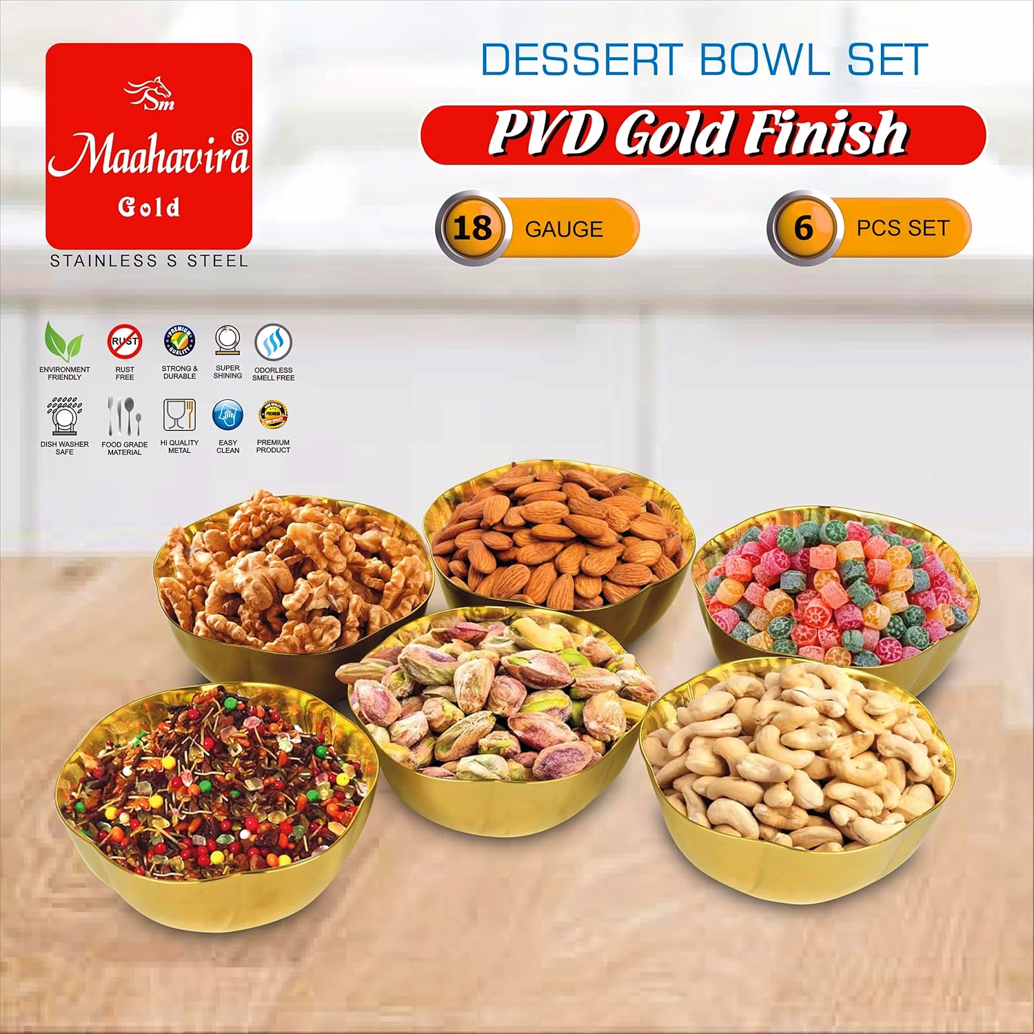 Maahavira Gold Stainless Steel Dessert Bowl Set (6 Pieces) | PVD Gold Finish | 18 Gauge | 200 ml Capacity | 10.4 cm Diameter | Premium Serving Bowls image 5