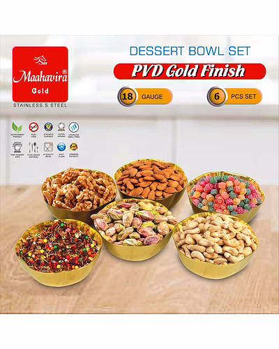 Maahavira Gold Stainless Steel Dessert Bowl Set (6 Pieces) | PVD Gold Finish | 18 Gauge | 200 ml Capacity | 10.4 cm Diameter | Premium Serving Bowls-4
