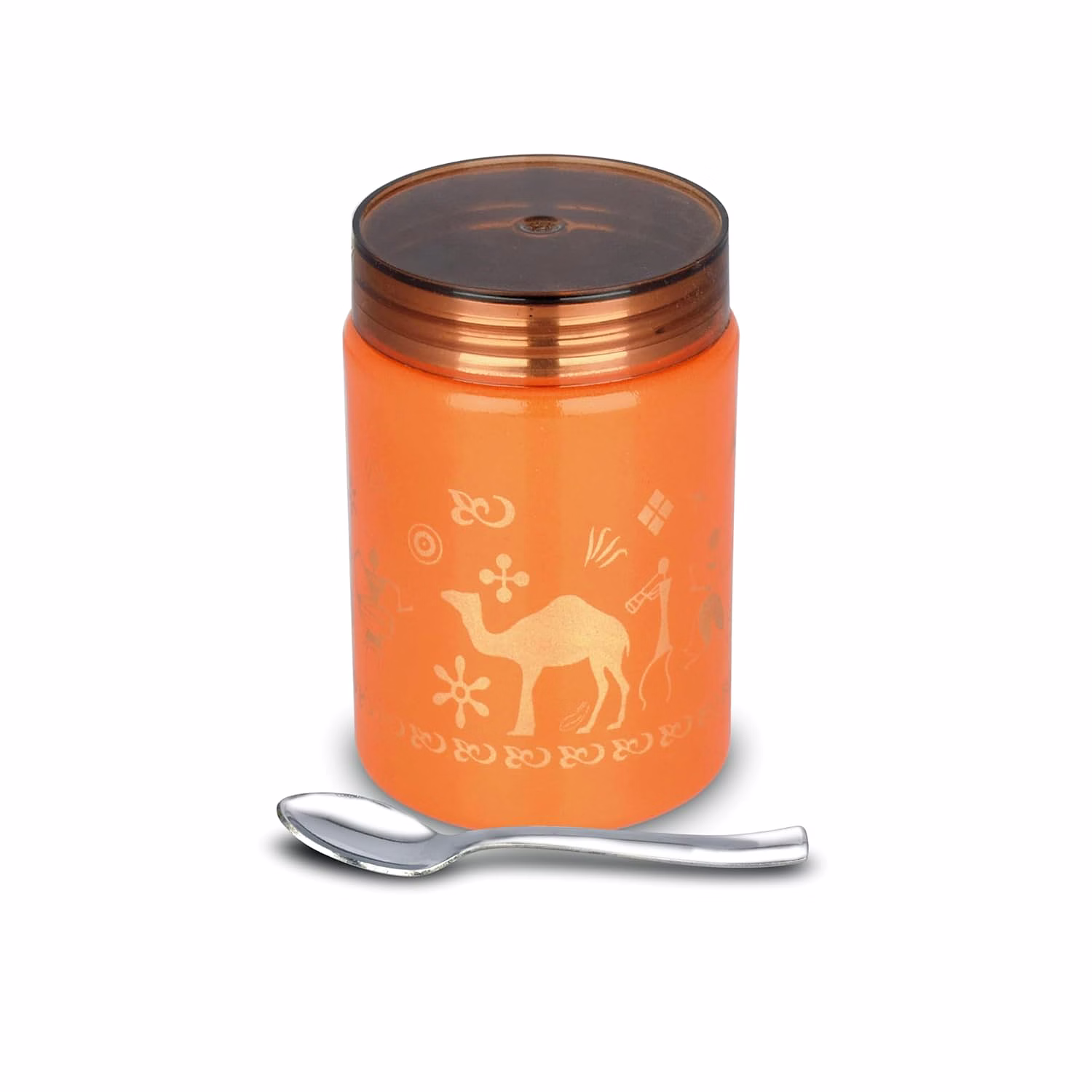 maahavira gold tesla tango orange see through canister 500ml with spoon | stainless steel body with unbreakable polycarbonate lid | food grade storage container
