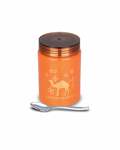 Maahavira Gold Tesla Tango Orange See Through Canister 500ml with Spoon | Stainless Steel Body with Unbreakable Polycarbonate Lid | Food Grade Storage Container-SJMT-TOST-500ML