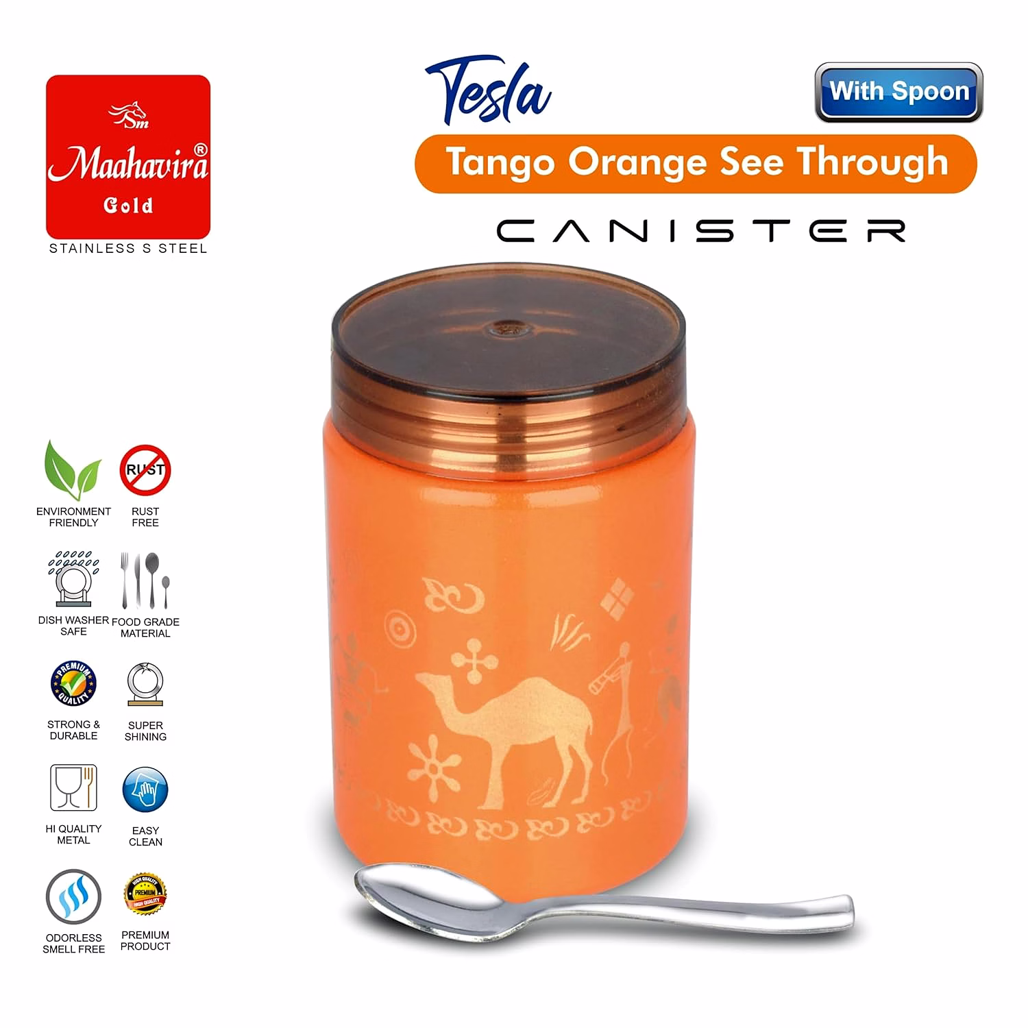 Maahavira Gold Tesla Tango Orange See Through Canister 500ml with Spoon | Stainless Steel Body with Unbreakable Polycarbonate Lid | Food Grade Storage Container image 2