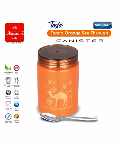 Maahavira Gold Tesla Tango Orange See Through Canister 500ml with Spoon | Stainless Steel Body with Unbreakable Polycarbonate Lid | Food Grade Storage Container-1