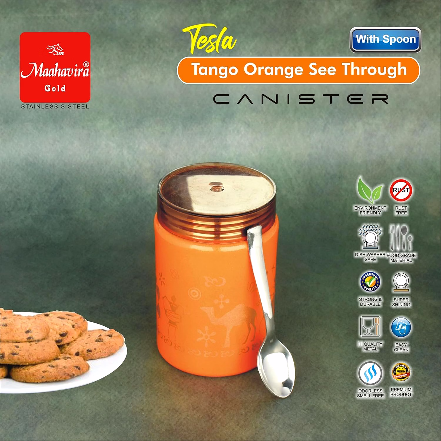 Maahavira Gold Tesla Tango Orange See Through Canister 500ml with Spoon | Stainless Steel Body with Unbreakable Polycarbonate Lid | Food Grade Storage Container image 3