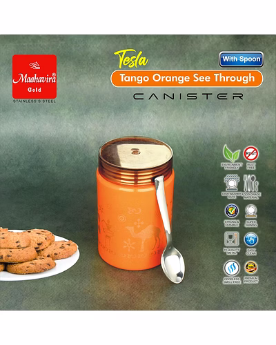 Maahavira Gold Tesla Tango Orange See Through Canister 500ml with Spoon | Stainless Steel Body with Unbreakable Polycarbonate Lid | Food Grade Storage Container-2