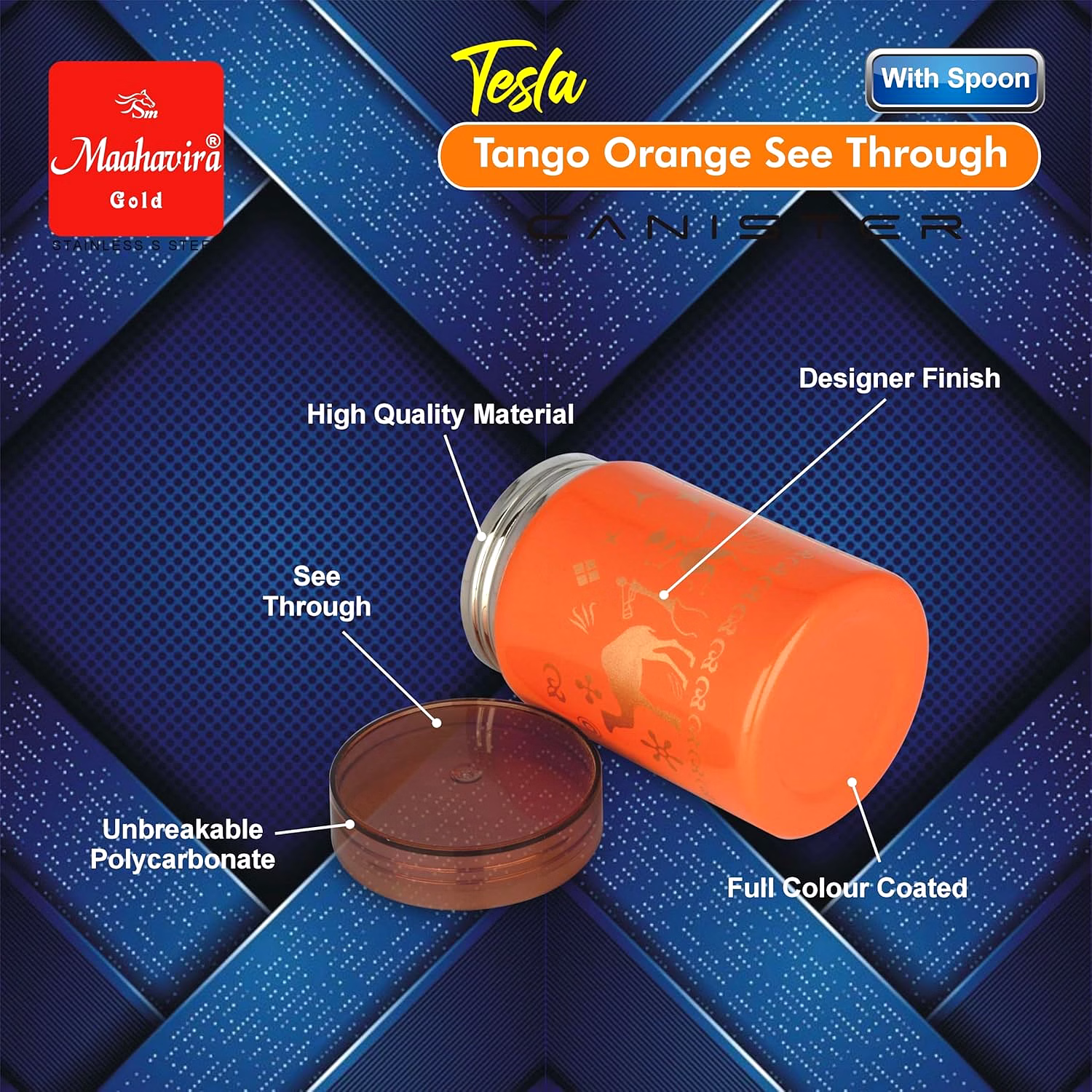 Maahavira Gold Tesla Tango Orange See Through Canister 500ml with Spoon | Stainless Steel Body with Unbreakable Polycarbonate Lid | Food Grade Storage Container image 4