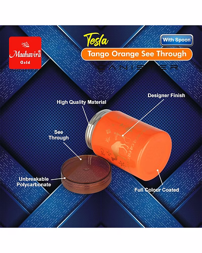 Maahavira Gold Tesla Tango Orange See Through Canister 500ml with Spoon | Stainless Steel Body with Unbreakable Polycarbonate Lid | Food Grade Storage Container-3