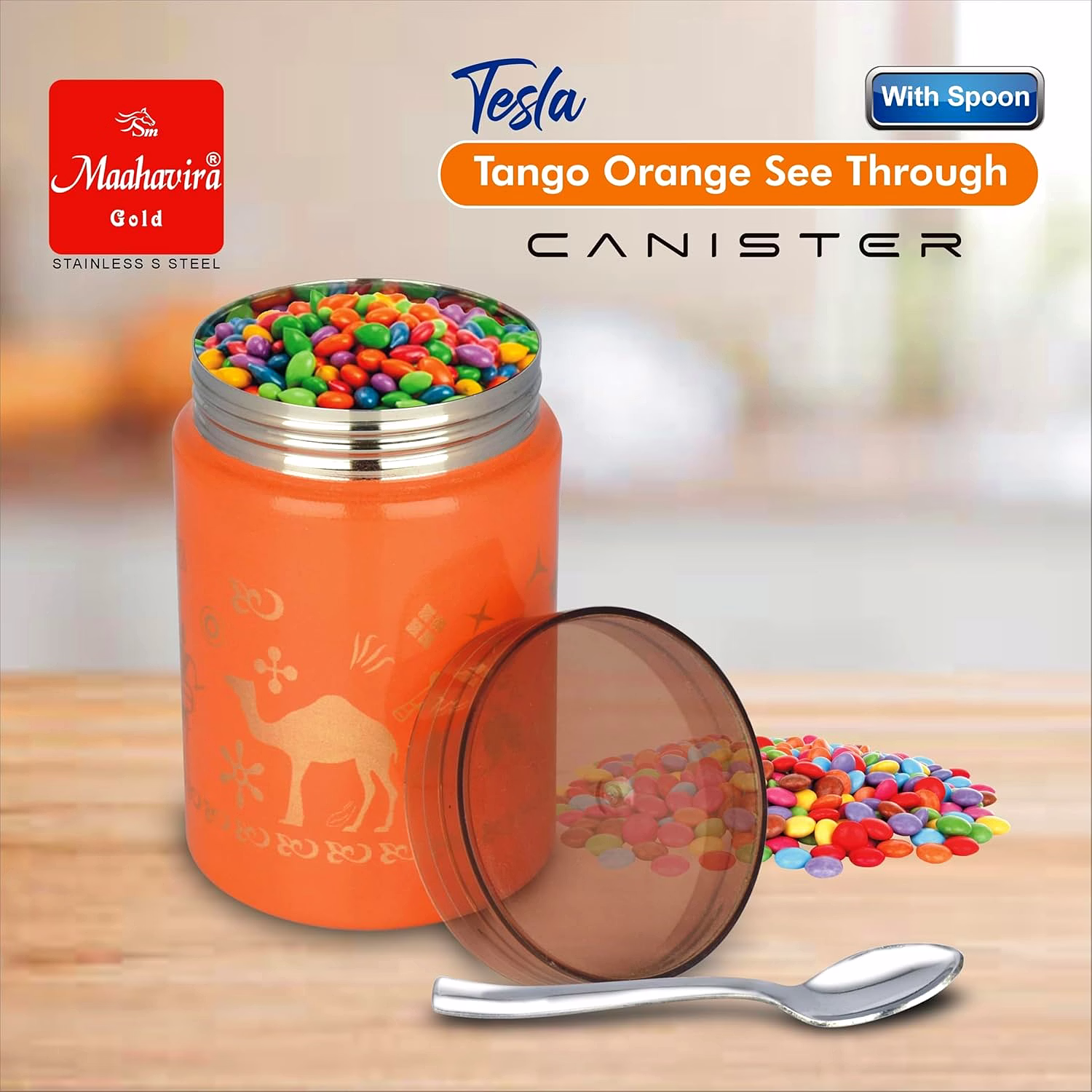 Maahavira Gold Tesla Tango Orange See Through Canister 500ml with Spoon | Stainless Steel Body with Unbreakable Polycarbonate Lid | Food Grade Storage Container image 5