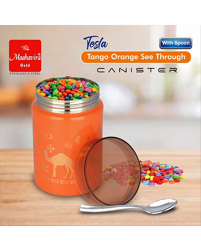Maahavira Gold Tesla Tango Orange See Through Canister 500ml with Spoon | Stainless Steel Body with Unbreakable Polycarbonate Lid | Food Grade Storage Container-4