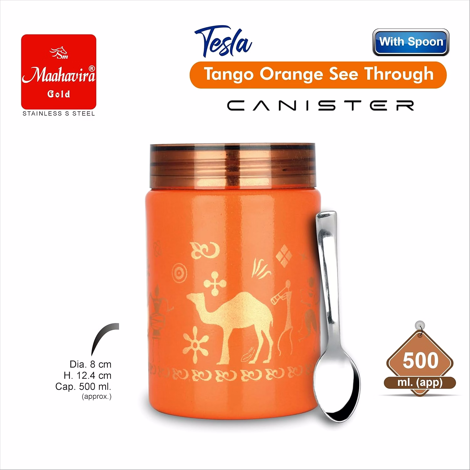 Maahavira Gold Tesla Tango Orange See Through Canister 500ml with Spoon | Stainless Steel Body with Unbreakable Polycarbonate Lid | Food Grade Storage Container image 6