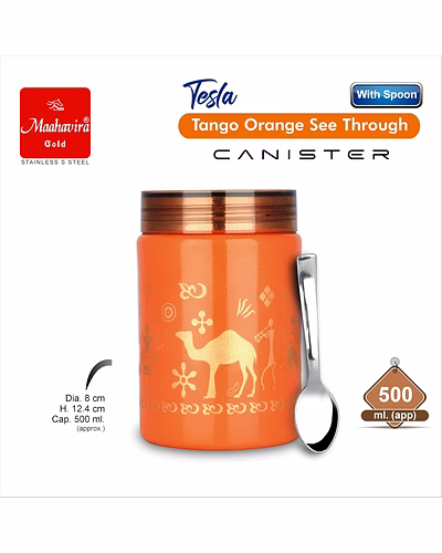 Maahavira Gold Tesla Tango Orange See Through Canister 500ml with Spoon | Stainless Steel Body with Unbreakable Polycarbonate Lid | Food Grade Storage Container-5