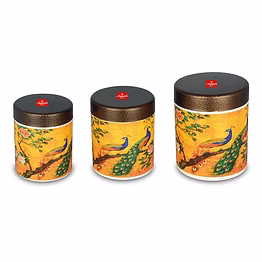 maahavira gold 3d iconic peacock canister set | stainless steel storage containers with textured lid | 3 pieces (350ml, 450ml, 650ml) | food grade kitchen storage set