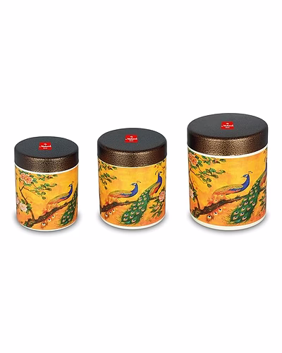Maahavira Gold 3D Iconic Peacock Canister Set | Stainless Steel Storage Containers with Textured Lid | 3 Pieces (350ml, 450ml, 650ml) | Food Grade Kitchen Storage Set-SJMT-IPCS-3PC
