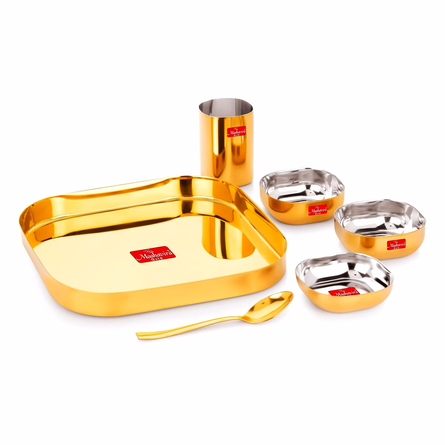 maahavira gold iconic 16g creeta premium stainless steel 6 piece dinner set | gold pvd mirror finish | square plate, 2 bowls, glass, halwa plate & spoon