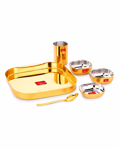 Maahavira Gold Iconic 16G Creeta Premium Stainless Steel 6 Piece Dinner Set | Gold PVD Mirror Finish | Square Plate, 2 Bowls, Glass, Halwa Plate &amp; Spoon-3J-012W-YTT3