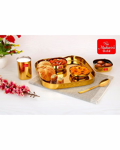 Maahavira Gold Iconic 16G Creeta Premium Stainless Steel 6 Piece Dinner Set | Gold PVD Mirror Finish | Square Plate, 2 Bowls, Glass, Halwa Plate &amp; Spoon-1