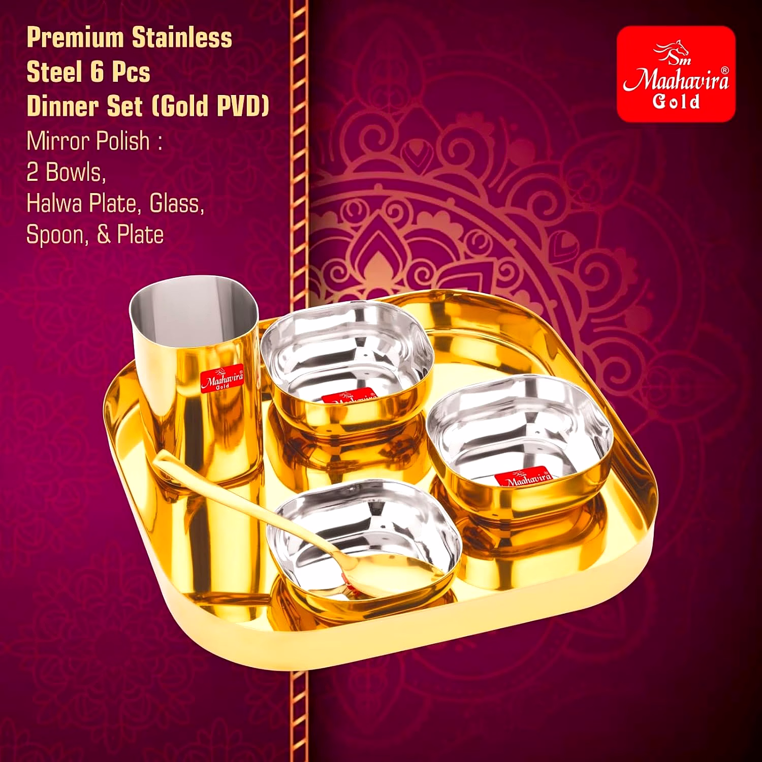 Maahavira Gold Iconic 16G Creeta Premium Stainless Steel 6 Piece Dinner Set | Gold PVD Mirror Finish | Square Plate, 2 Bowls, Glass, Halwa Plate & Spoon image 3