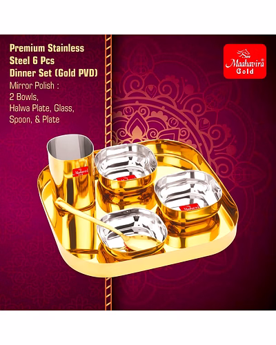 Maahavira Gold Iconic 16G Creeta Premium Stainless Steel 6 Piece Dinner Set | Gold PVD Mirror Finish | Square Plate, 2 Bowls, Glass, Halwa Plate &amp; Spoon-2