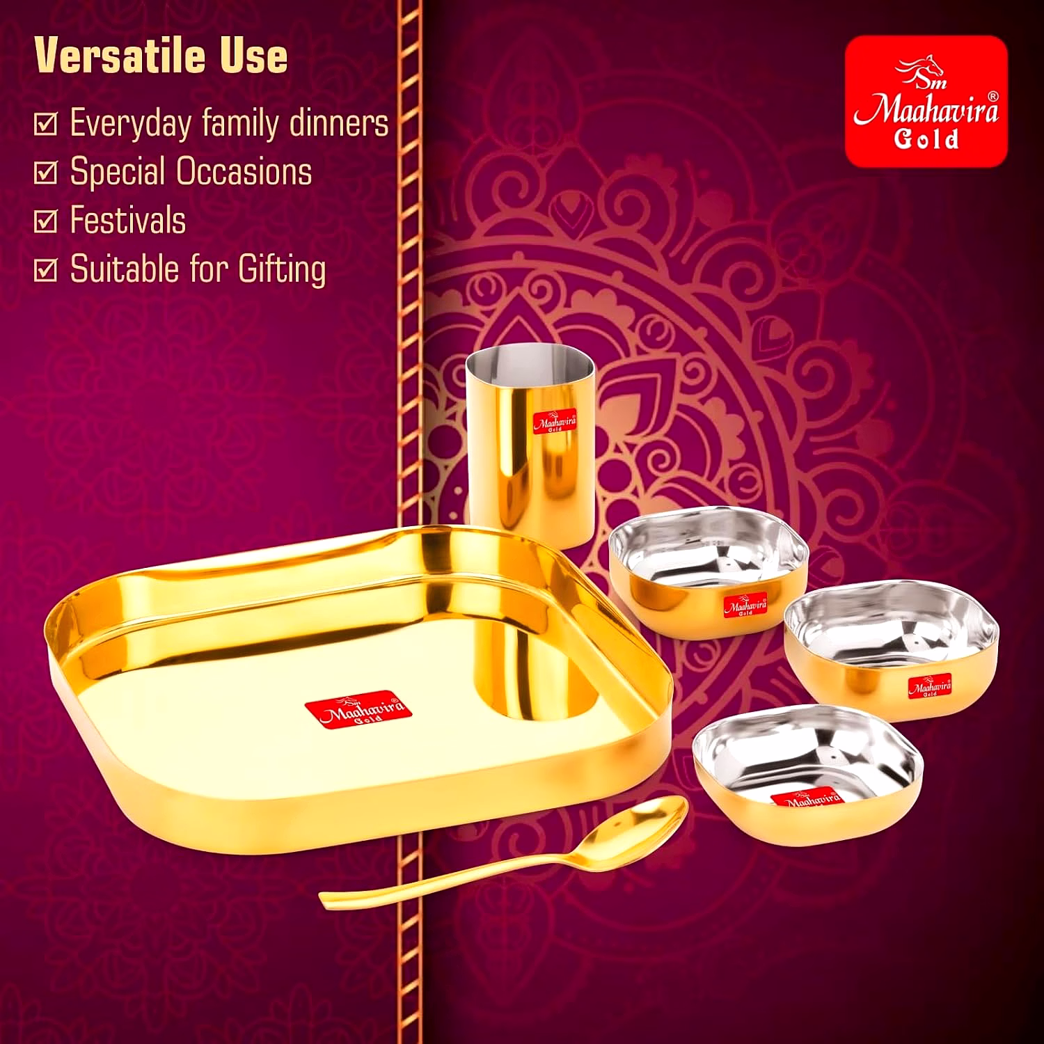 Maahavira Gold Iconic 16G Creeta Premium Stainless Steel 6 Piece Dinner Set | Gold PVD Mirror Finish | Square Plate, 2 Bowls, Glass, Halwa Plate & Spoon image 4