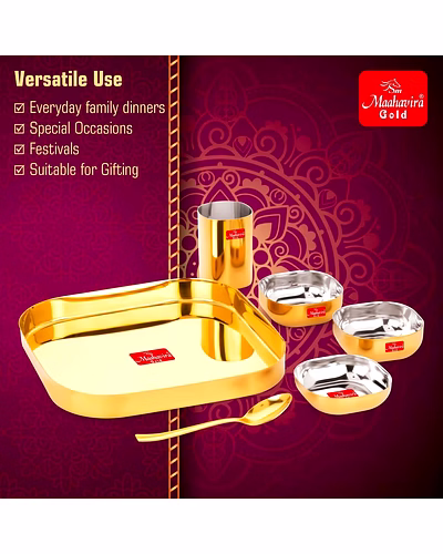 Maahavira Gold Iconic 16G Creeta Premium Stainless Steel 6 Piece Dinner Set | Gold PVD Mirror Finish | Square Plate, 2 Bowls, Glass, Halwa Plate &amp; Spoon-3