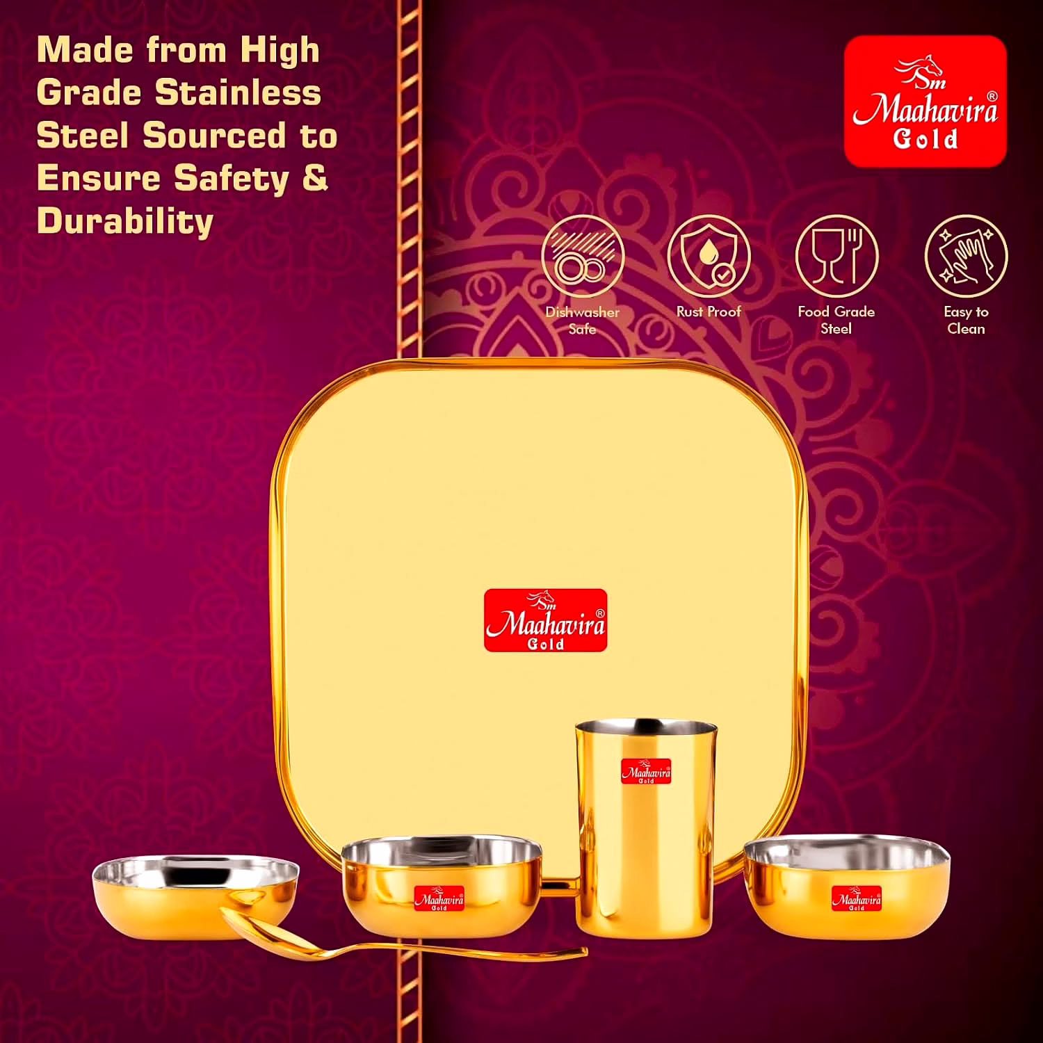 Maahavira Gold Iconic 16G Creeta Premium Stainless Steel 6 Piece Dinner Set | Gold PVD Mirror Finish | Square Plate, 2 Bowls, Glass, Halwa Plate & Spoon image 5