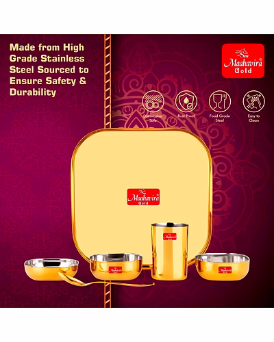 Maahavira Gold Iconic 16G Creeta Premium Stainless Steel 6 Piece Dinner Set | Gold PVD Mirror Finish | Square Plate, 2 Bowls, Glass, Halwa Plate &amp; Spoon-4