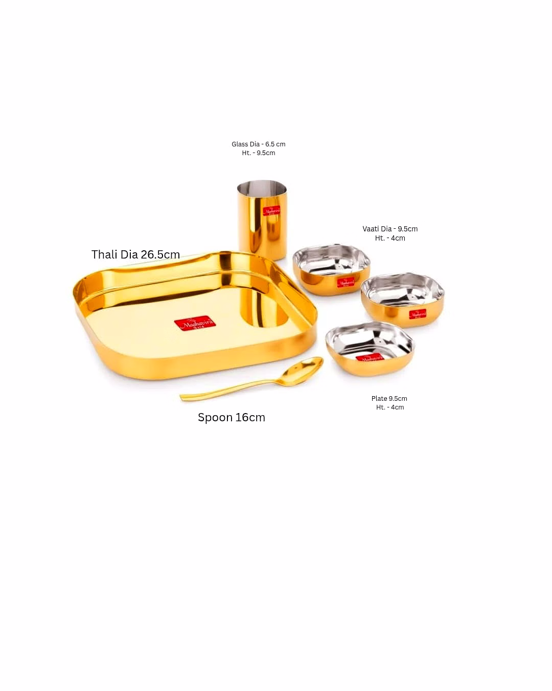 Maahavira Gold Iconic 16G Creeta Premium Stainless Steel 6 Piece Dinner Set | Gold PVD Mirror Finish | Square Plate, 2 Bowls, Glass, Halwa Plate & Spoon image 6