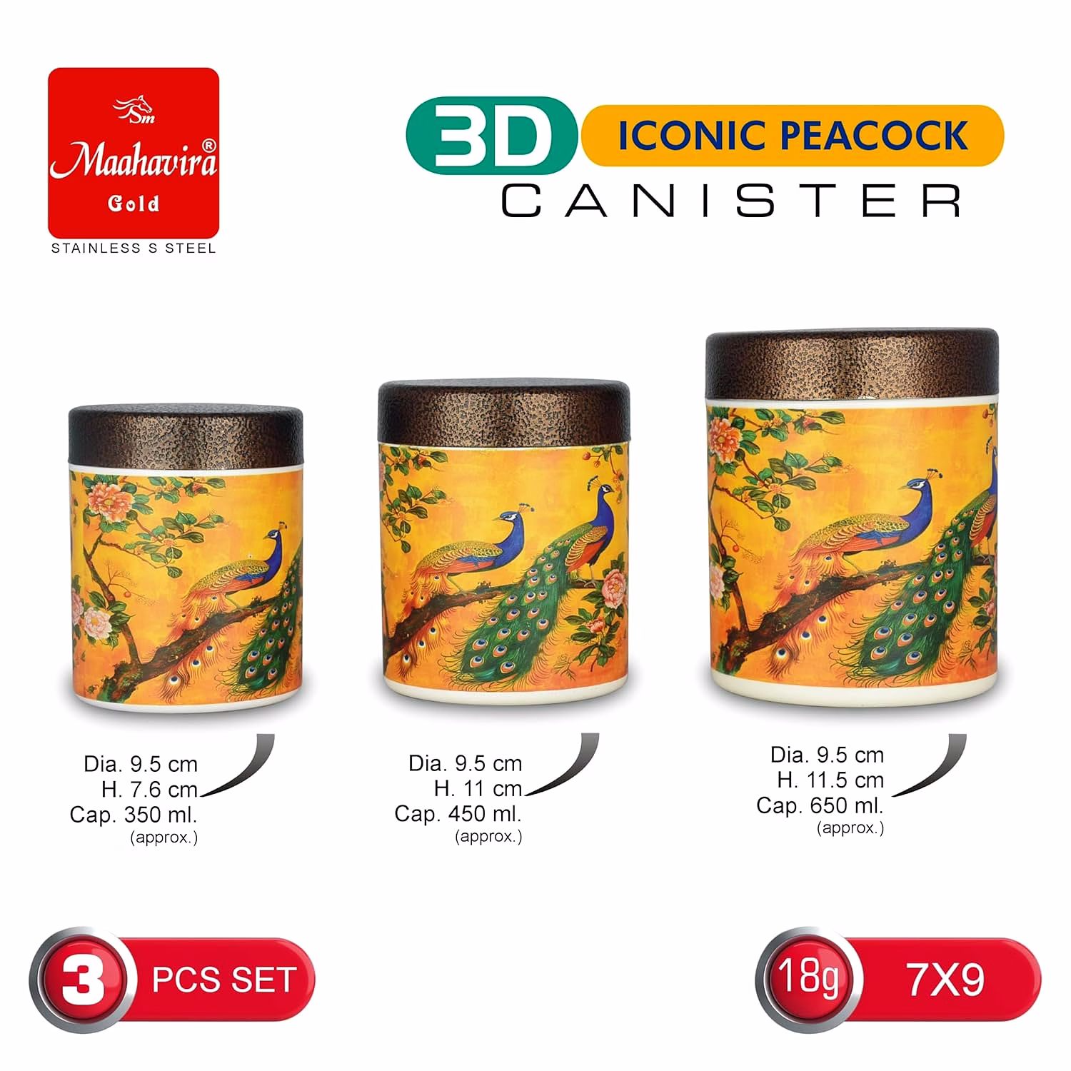 Maahavira Gold 3D Iconic Peacock Canister Set | Stainless Steel Storage Containers with Textured Lid | 3 Pieces (350ml, 450ml, 650ml) | Food Grade Kitchen Storage Set image 2