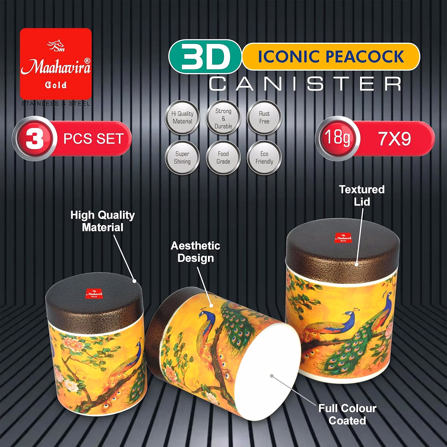 Maahavira Gold 3D Iconic Peacock Canister Set | Stainless Steel Storage Containers with Textured Lid | 3 Pieces (350ml, 450ml, 650ml) | Food Grade Kitchen Storage Set image 3