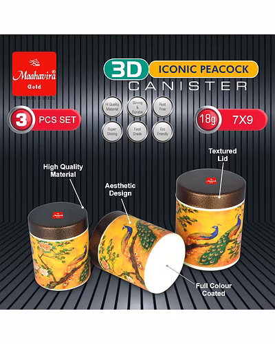 Maahavira Gold 3D Iconic Peacock Canister Set | Stainless Steel Storage Containers with Textured Lid | 3 Pieces (350ml, 450ml, 650ml) | Food Grade Kitchen Storage Set-2