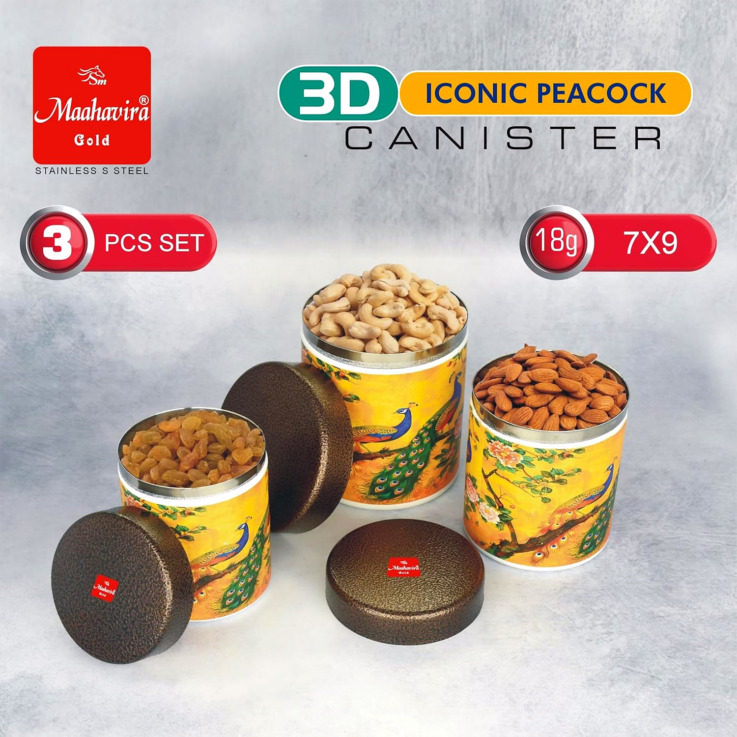 Maahavira Gold 3D Iconic Peacock Canister Set | Stainless Steel Storage Containers with Textured Lid | 3 Pieces (350ml, 450ml, 650ml) | Food Grade Kitchen Storage Set image 4