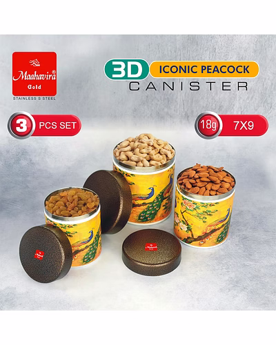 Maahavira Gold 3D Iconic Peacock Canister Set | Stainless Steel Storage Containers with Textured Lid | 3 Pieces (350ml, 450ml, 650ml) | Food Grade Kitchen Storage Set-3
