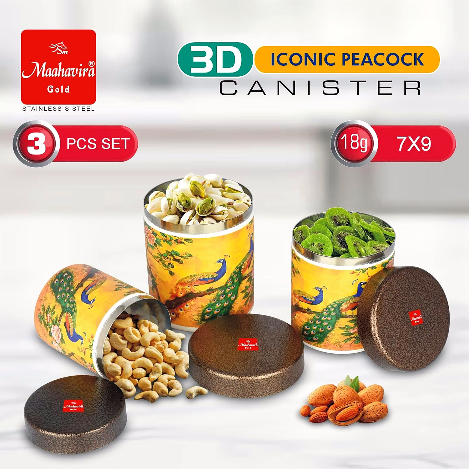Maahavira Gold 3D Iconic Peacock Canister Set | Stainless Steel Storage Containers with Textured Lid | 3 Pieces (350ml, 450ml, 650ml) | Food Grade Kitchen Storage Set image 5