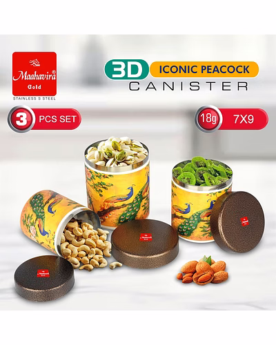 Maahavira Gold 3D Iconic Peacock Canister Set | Stainless Steel Storage Containers with Textured Lid | 3 Pieces (350ml, 450ml, 650ml) | Food Grade Kitchen Storage Set-4
