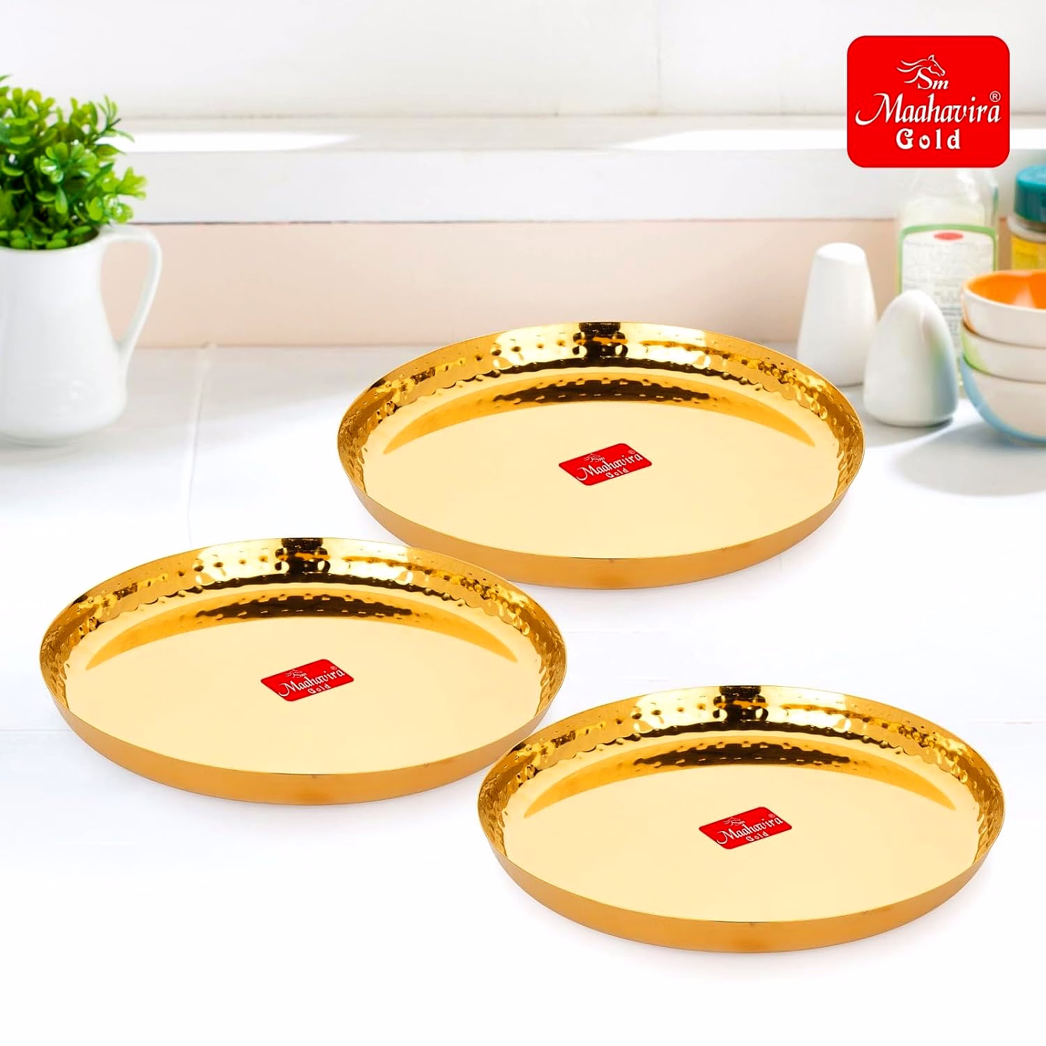 Maahavira Gold Iconic Gold Coating Hammered Texture Heavy Gauge Royal Dinner Plates Used for Home & Restaurant, 29.5 cm Dia - Set of 3 image 2