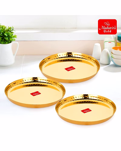 Maahavira Gold Iconic Gold Coating Hammered Texture Heavy Gauge Royal Dinner Plates Used for Home &amp; Restaurant, 29.5 cm Dia - Set of 3-1