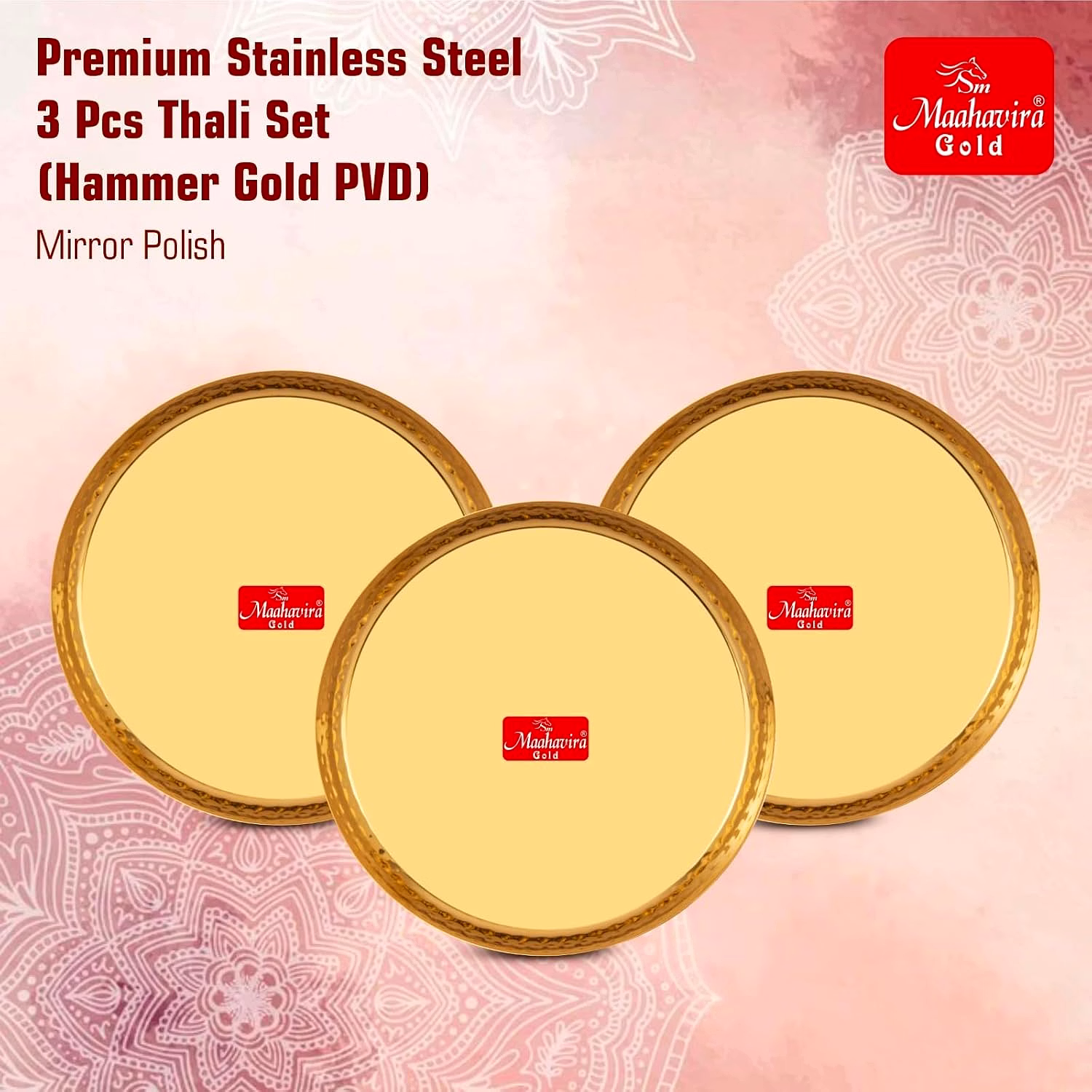 Maahavira Gold Iconic Gold Coating Hammered Texture Heavy Gauge Royal Dinner Plates Used for Home & Restaurant, 29.5 cm Dia - Set of 3 image 3