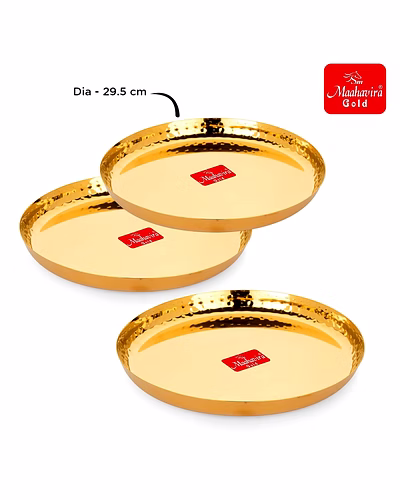 Maahavira Gold Iconic Gold Coating Hammered Texture Heavy Gauge Royal Dinner Plates Used for Home &amp; Restaurant, 29.5 cm Dia - Set of 3-3