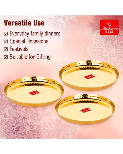 Maahavira Gold Iconic Gold Coating Hammered Texture Heavy Gauge Royal Dinner Plates Used for Home &amp; Restaurant, 29.5 cm Dia - Set of 3-4