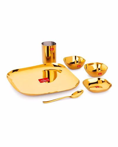 Maahavira Gold Square Stainless Steel Gold Coating Luxury Dinnerware Set with 1 Full Plate, 1 Sweet Dish, 2 Bowls, 1 Glass &amp; 1 Spoon - Set of 6-SJMT-SQR-DNR-PVD-6PP