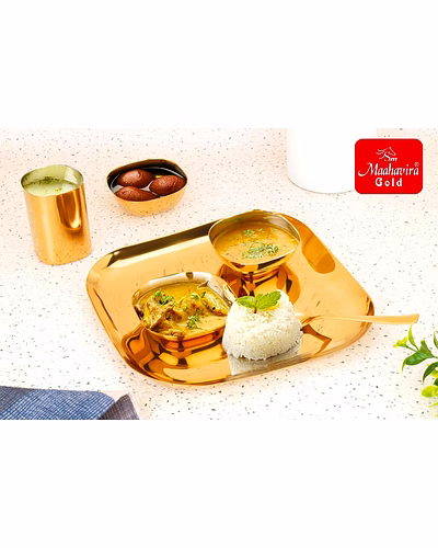 Maahavira Gold Square Stainless Steel Gold Coating Luxury Dinnerware Set with 1 Full Plate, 1 Sweet Dish, 2 Bowls, 1 Glass &amp; 1 Spoon - Set of 6-5