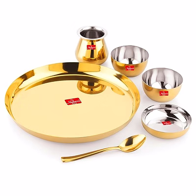 maahavira gold premium stainless steel thali set, 6 pieces, gold pvd finish, 28 cm plate with bowls and loti