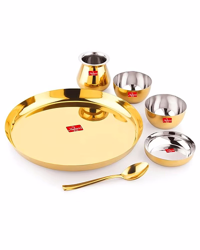 Maahavira Gold Premium Stainless Steel Thali Set, 6 Pieces, Gold PVD Finish, 28 cm Plate with Bowls and Loti-MG-SS-THALI-6PC