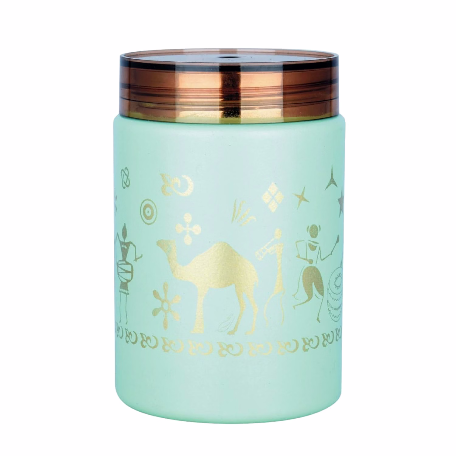 maahavira gold multipurpose storage canister – 500ml, pistachio green with iconic tesla color gold decorative pattern, food grade material