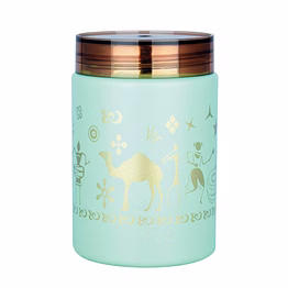 maahavira gold multipurpose storage canister – 500ml, pistachio green with iconic tesla color gold decorative pattern, food grade material